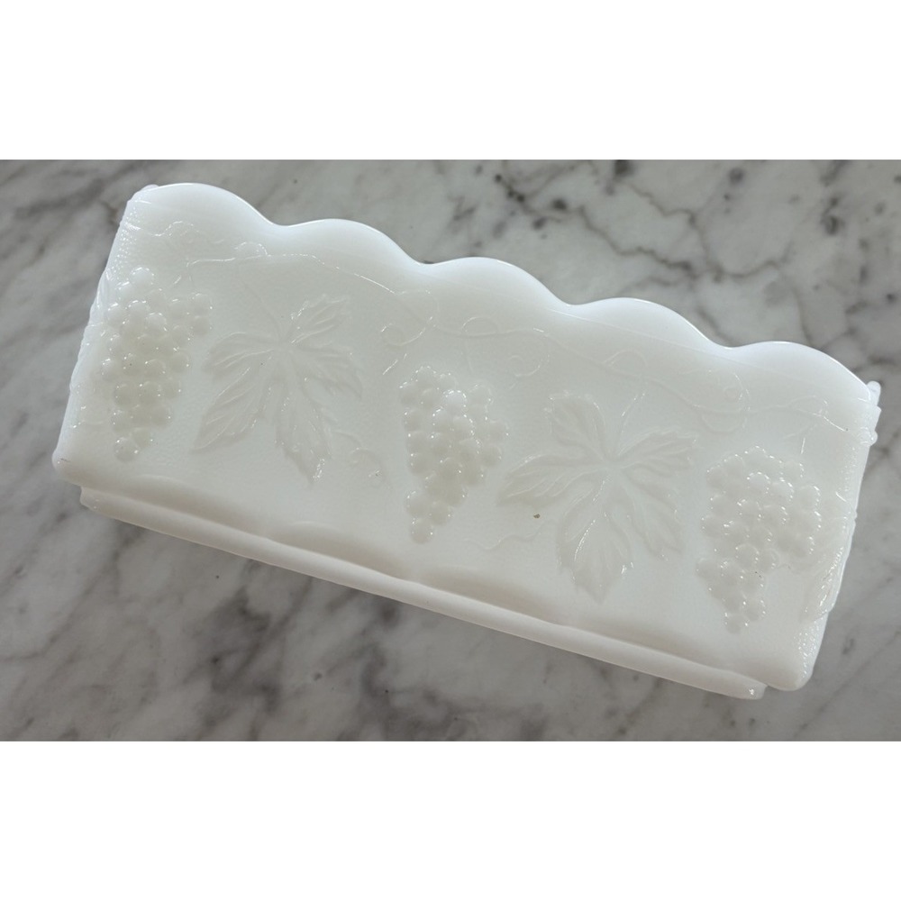 Vintage Anchor Hocking Fire-King Milk Glass Grape & Leaf Rectangle Dish Planter